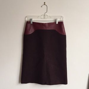 Maroon wool and leather pencil skirt